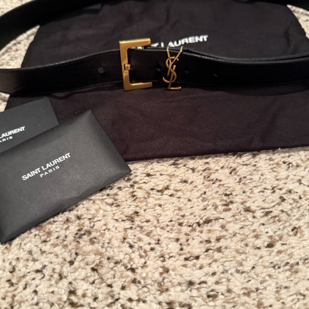 YSL | Cintura Box Monogram Leather Belt | Nero/Gold | Size: 90 (36") - Picture 13 of 15